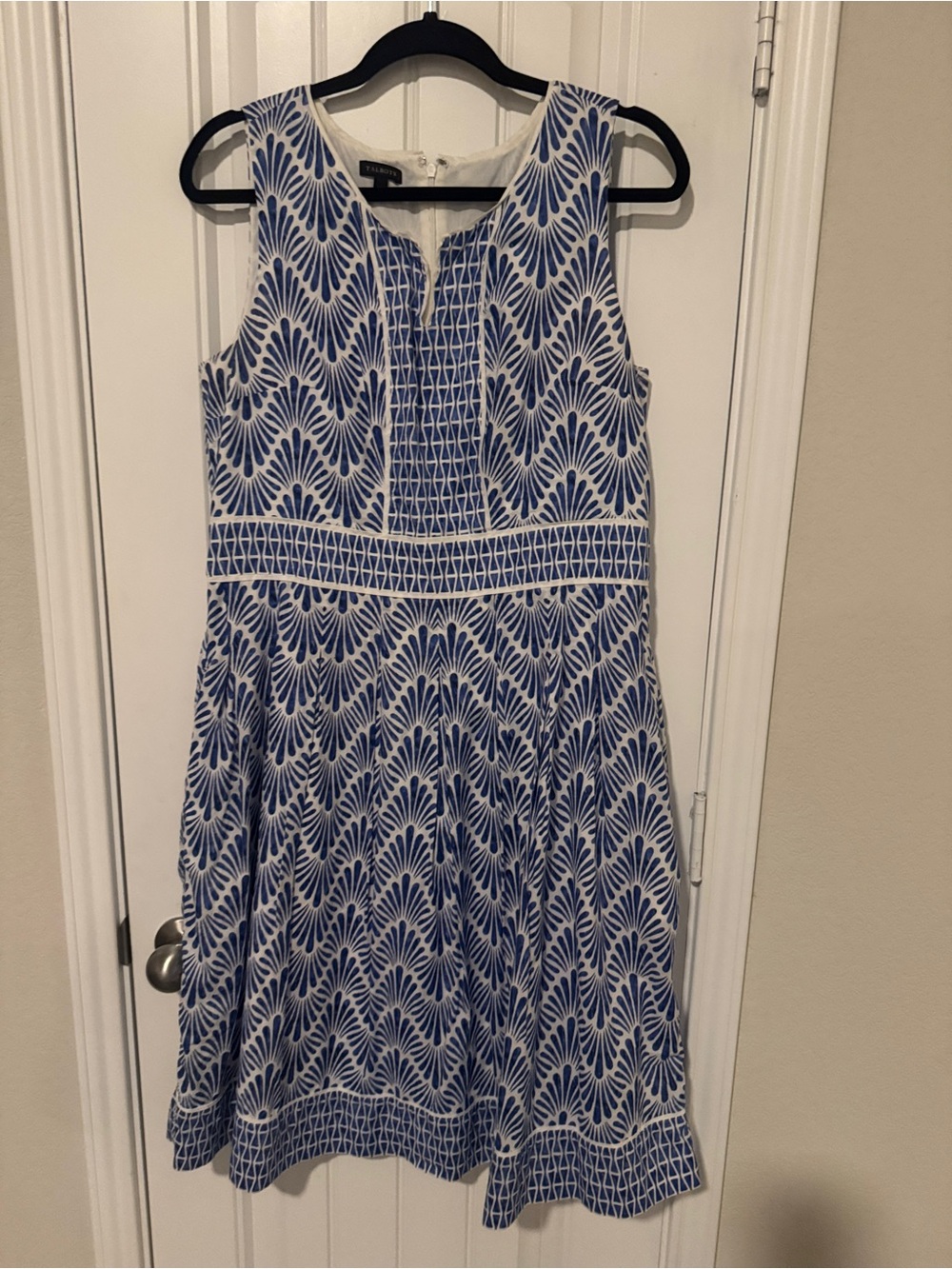 Sleeveless Blue and White Printed Fit-and-Flare Dress